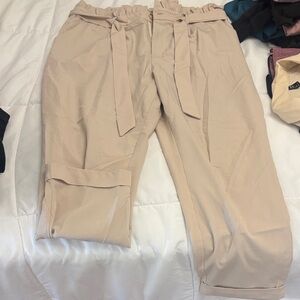 Beige Paperbag Waist Pants
